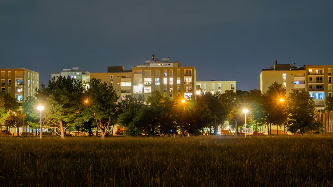 Buildings, trees, and a field illuminated at night