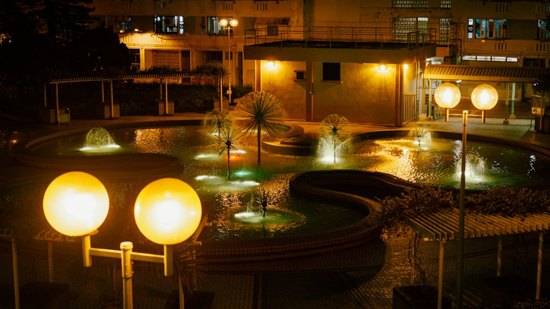 Fountain and lamps illuminated at night