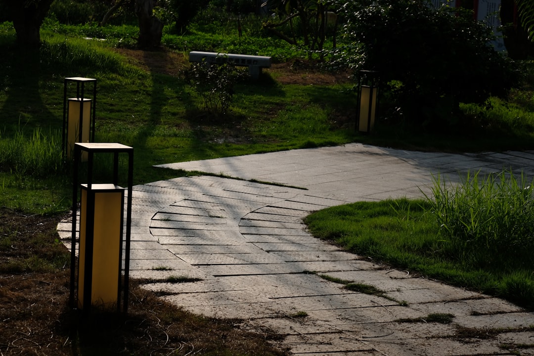 Winding stone path through green grass with outdoor lamps